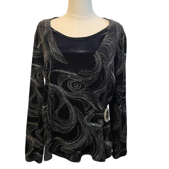 90s Black Velvet Top Womens L Shimmer 2pc Stretchy Elegant Glam NYE Y2K Girly - Picture 2 of 11